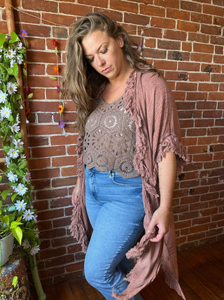 100% Cotton Gauze Boho Fringe Kimono Layer - Blush