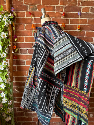 Rainbow/Black Brushed Woven 100% Cotton Hooded Poncho