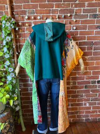 OOAK Autumn Collection- Upcycled Organic Cotton + Kantha Poncho Hi lo Hoodie