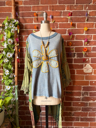 OOAK Summer Collection- Upcycled Patch Patchwork Hi Lo Bell Sleeve Top