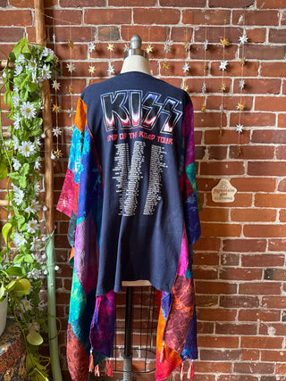 OOAK Winter Collection- Upcycled Silk Patchwork Tie Dye KISS Tour Inspired Hi Lo Poncho Top