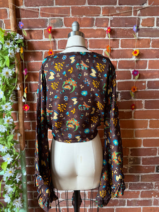 Brown Moon + Butterfly Celestial Cropped Bell Sleeve Wrap Top