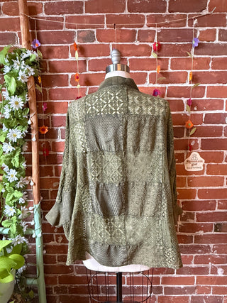 Solstice Stroll Basil Green Patchwork Batwing Sleeve Kimono Layer - Fair Trade Made