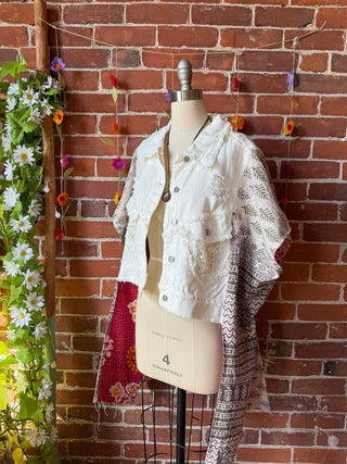 OOAK Autumn Collection - Size XS/Small  Upcycled Crop Sequin Hi Lo Kantha Poncho Jacket