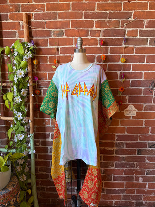 OOAK Spring Collection- Upcycled Def Leppard Inspired Hi Lo Kantha Poncho Tee