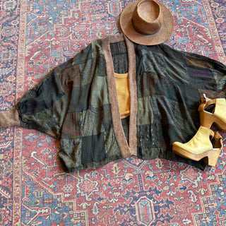 Autumn Stroll Patchwork Batwing Sleeve Kimono Layer - Dark Earth Tones