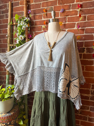 OOAK Summer Collection - Upcycled Luna Butterfly Flowy Trapeze Style Top 🦋 Stone Gray