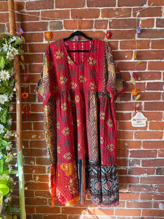 Coffee In The Morning Kantha Dress - Fits up to 3X - 100% Cotton- Fair Trade Made