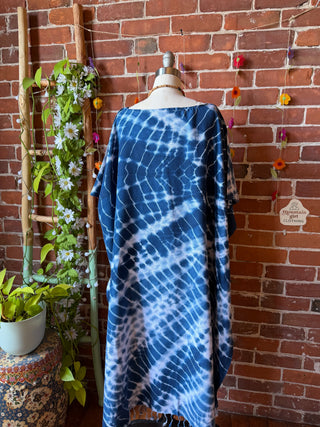 Indigo Sky Fringe Tie Dye Hi Lo Poncho Coverup Tunic Top- 100% Cotton