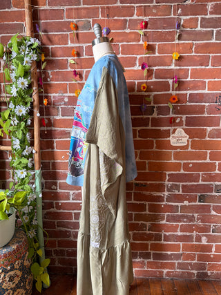 Batik Hippie Bus Tie Dye Sage Embroidered Hi Lo Poncho Top