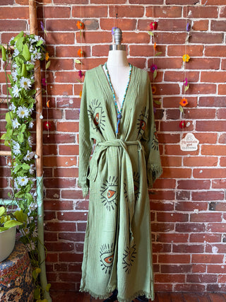 Sage Evil Eye 100% Cotton Kimono Robe  - Fair Trade Made