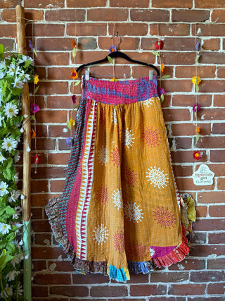 Coffee In The Morning Kantha Ruffle Wide Leg Lounge Pants - Fits up to 2X - Fair Trade Made