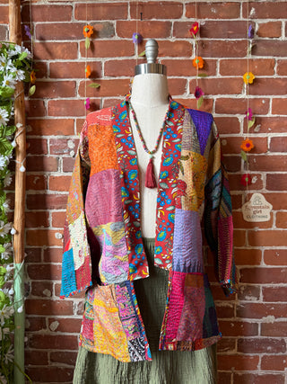 100% Silk Solstice Reversible Kantha Kimono Patchwork Jacket - Fair Trade Made