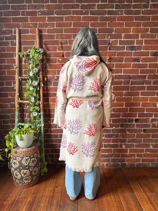 Coral Pattern 100% Cotton Hoodie Kimono Robe  - Fair Trade Made