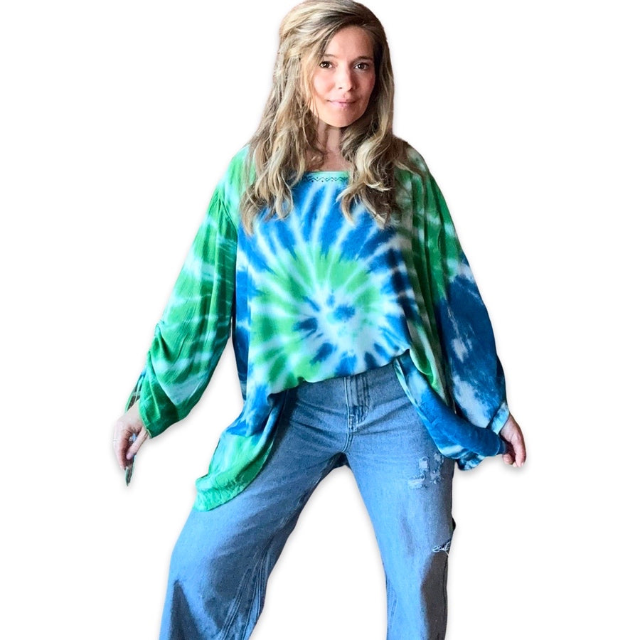 Free Size up to 2X - Wilder Flowy Top - Green / Blue