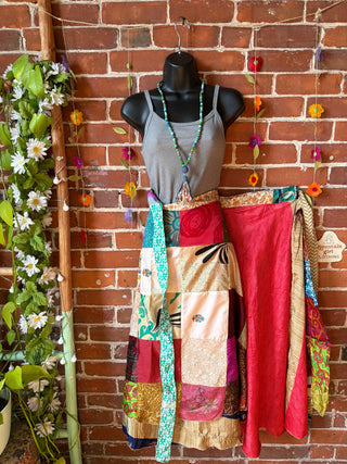 Reversible Upcycled Sari Silky Patchwork Wrap Skirt - Fair Trade Made