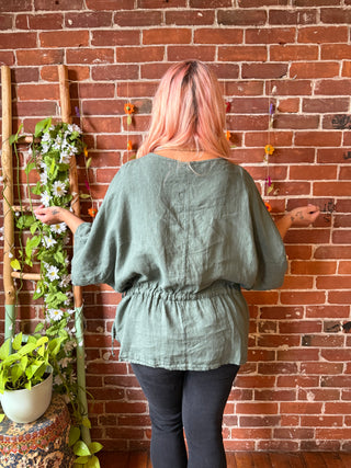 Nomad Linen Drawstring Waist Top -Moss- Made in Italy