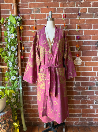 Maroon and Gold Mandala Long Tapestry Robe Kimono w/ Pockets + Belt - Fair Trade Made