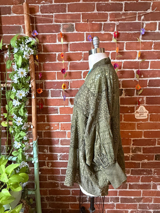 Solstice Stroll Basil Green Patchwork Batwing Sleeve Kimono Layer - Fair Trade Made
