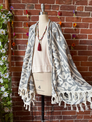 Gray Sky Fringe Cocoon Shawl Kimono - 100% Cotton