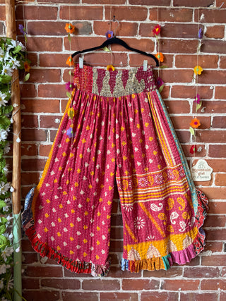 Coffee In The Morning Kantha Ruffle Wide Leg Lounge Pants - Fits up to 2X - Fair Trade Made