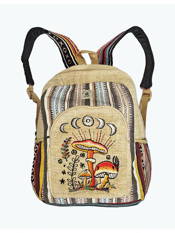 Hemp and Cotton Magic Mushroom + Moon Phase Embroidered Backpack