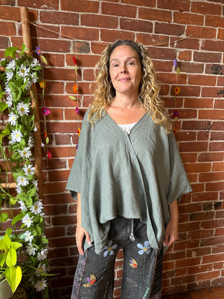 100% Linen Afternoon Stroll Flow Blouse - Olive