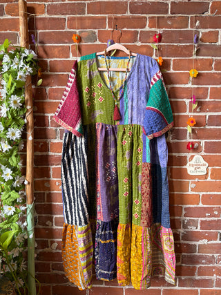 Coffee In The Morning Kantha Dress - Fits up to 3X - 100% Cotton- Fair Trade Made