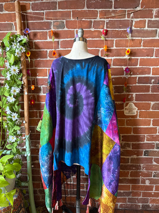 OOAK Autumn Collection- Grateful Dead Inspired Upcycled Silk Patchwork Tie Dye Hi Lo Poncho Top