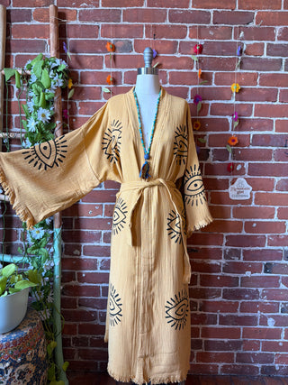 Mustard Yellow Evil Eye 100% Cotton Kimono Robe  - Fair Trade Made