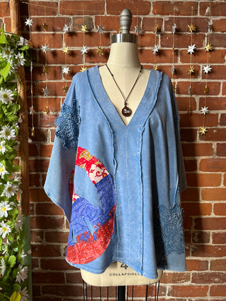 OOAK Winter Collection - Upcycled Kantha Peace Sign Patchwork Poncho Style Top 🌼