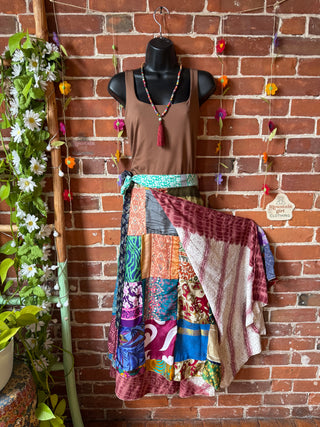 Reversible Upcycled Sari Silky Patchwork Wrap Skirt - Fair Trade Made