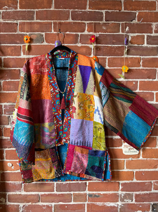 100% Silk Solstice Reversible Kantha Kimono Patchwork Jacket - Fair Trade Made
