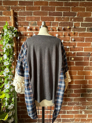 OOAK Autumn Collection- Upcycled Fender Guitar Lace Plaid Bell Sleeve Hybrid Top