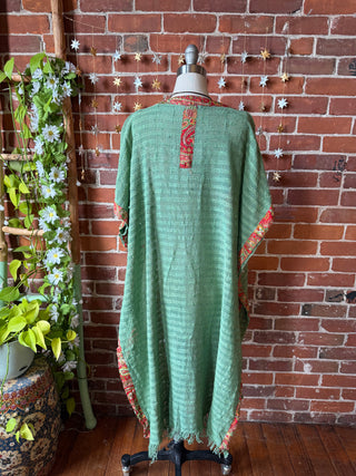 100% Cotton Aqua Green Woven Fringe Kimono Robe