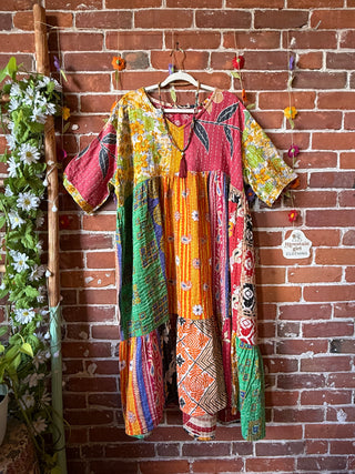 Coffee In The Morning Kantha Dress - Fits up to 3X - 100% Cotton- Fair Trade Made