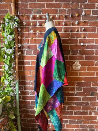 OOAK Winter Collection- Upcycled Silk Patchwork Tie Dye Rush Inspired Hi Lo Poncho Top