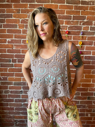 Boho Crochet Overlay Tank - Mocha