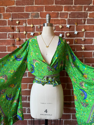 Green Sun, Moon + Stars Celestial Cropped Bell Sleeve Wrap Top