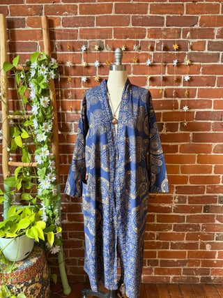 Gold + Navy Mandala Long Tapestry Robe Kimono with Pockets and Belt