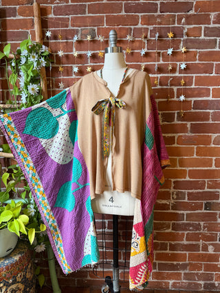 OOAK Winter Collection - Upcycled Waffle Knit Kantha Poncho Hi Lo Kimono