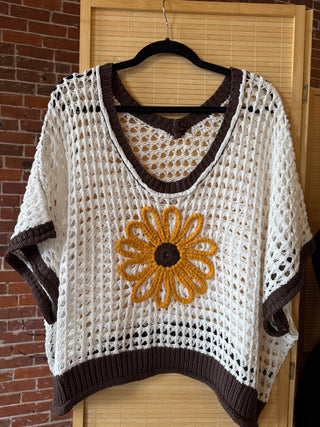 Bohemian Spring Flower Crochet Crop Top 🌻 Brown White Yellow