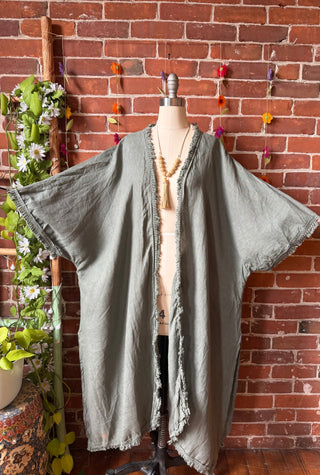 100% Linen Fringe Detail Long Kimono Robe - Made In Italy - Multiple Colors Available