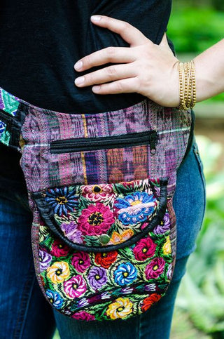 Mystery Pattern Boho Upcycled Embroidered Patch Fanny Pack / Crossbody Bag - Fair Trade Made