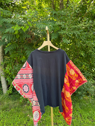 OOAK Summer Collection- Upcycled Peter Tosh Inspired Vintage Embroidered Flower Patch Kantha Poncho Tee