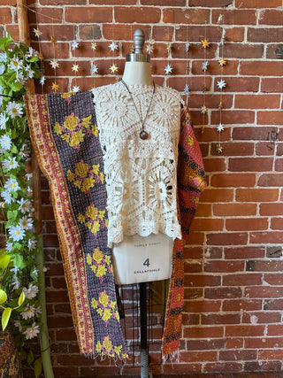 OOAK Autumn Collection - Upcycled Crochet Layering Kantha Poncho Top