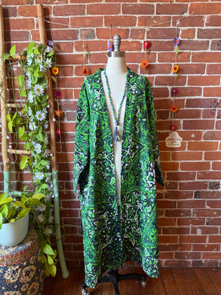 Grateful Dead Inspired Upcycled Green Mandala Long Tapestry Robe Kimono with Pockets and Belt