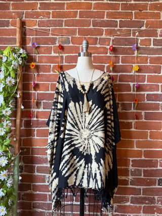 Spiral Black + Beige Tie Dye Fringe Poncho