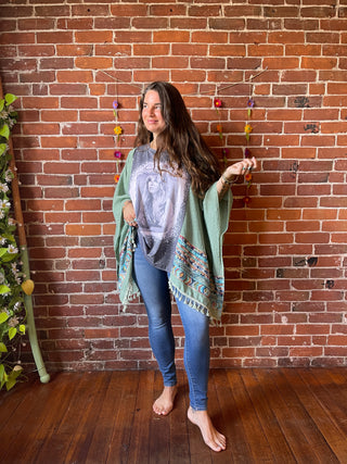 Stevie Nicks Inspired Sage Embroidered Tassel Poncho