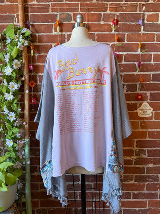 OOAK Autumn Collection- Upcycled Bad Bunny Inspired Embroidered Poncho Tee